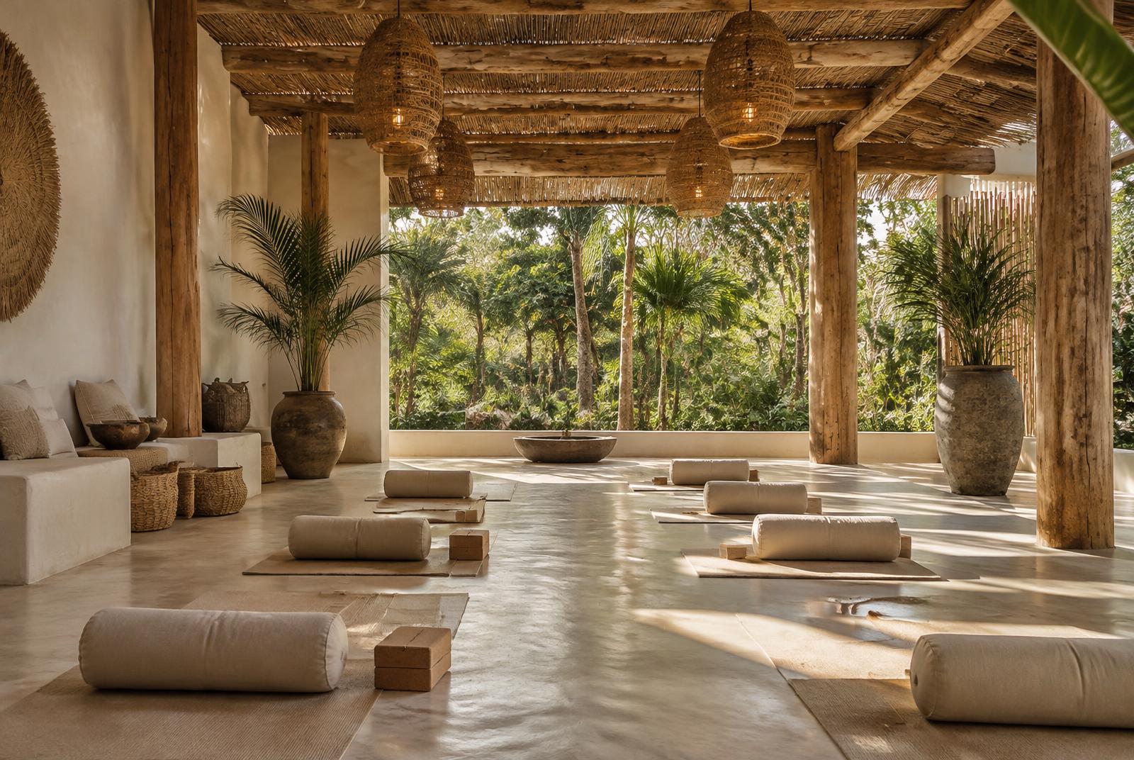 Open-air retreat shala with rows of yoga mats, natural wood and jungle views